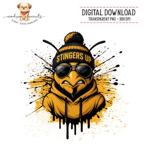 May include: A digital download graphic of a stylized yellow and black hornet wearing sunglasses and a black beanie with the text "STINGERS UP". The hornet is set against a yellow and black splatter background.