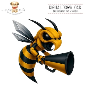 Può includere: Grafica digitale di un cartone animato di una vespa che tiene in mano un megafono nero. La vespa è gialla e nera con ali argentate e un'espressione severa. Le parole "DOWNLOAD DIGITALE" e "PNG TRASPARENTE • 300 DPI" sono in alto.