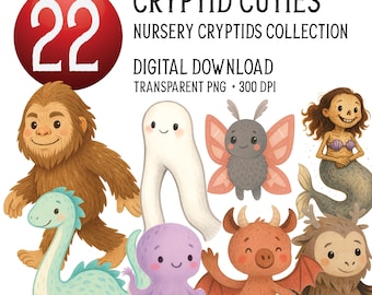 Bundle cryptique Cuties, décoration unique pour chambre d'enfant, Illustration Bigfoot, Loch Ness lunatique PNG, esthétique Papercut, palette pastel doux vintage