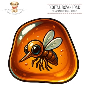 以下が含まれることがあります： 琥珀の中に閉じ込められた漫画の蚊のデジタルダウンロードグラフィック。蚊は茶色と黄色で、大きな目と羽があります。琥珀は光沢のある半透明のオレンジ色です。上部のテキストは「デジタルダウンロード」と書かれています。