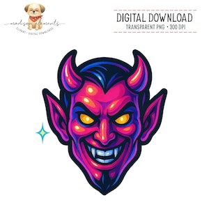 May include: A digital download graphic of a devil's head. The illustration features a red and pink face with yellow eyes, blue horns, and a sinister grin. The image includes a blue star and the text "DIGITAL DOWNLOAD".