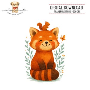 May include: Watercolor illustration of a smiling red panda with a squirrel on its head, surrounded by green leaves and a butterfly. The red panda has orange and brown fur. The words "DIGITAL DOWNLOAD" are at the top.