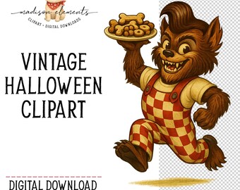 Werewolf Diner Mascot PNG, Retro Halloween Clip Art, Dog Bone Treats Digital, Monster Waiter Download, Cartoon Werewolf Mascot