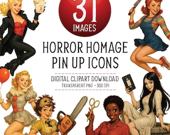 Horror Homage Pin Up Bundles, Horror Movie Clipart Set, Pinup Sublimation png, Scream Queen Bundle, 80s Horror movie, Bloody Prom Queen
