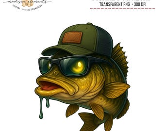 Bass Fish Digital PNG Download, Cool Fish With Cap Digital Art Print, Fishing Lover Gift, Funny Fish Image, Lake Life Digital Download