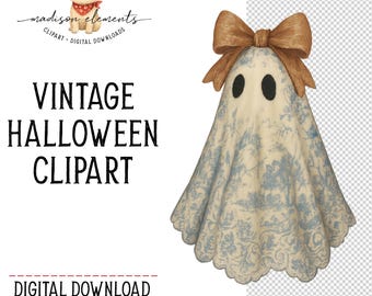 Cute Toile Ghost PNG, Spooky Season Coquette bow Digital Download, Big Bow Ghost Clipart, Halloween Ghost Png, Vintage Pastel Ghost