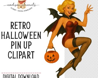 Vampire Pinup Digital Download Png, Retro Halloween Clipart, Sexy Vampire Girl, Spooky Woman With Pumpkin, Halloween Costume Png Digital