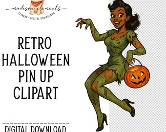Zombie Pinup Girl PNG, Digital Download, Halloween Woman Clipart, Spooky Retro Zombie Art, African American Zombie, Cute Trick or Treat