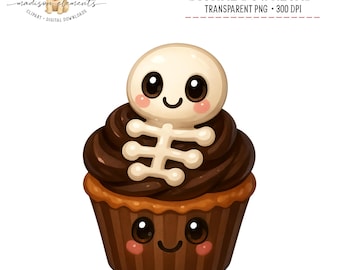 Kawaii Halloween Cupcake Digital Art, Cute Skeleton Treat Clipart, Spooky Season Design, Printable Halloween png, Halloween Party Decor