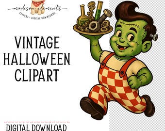 Franken Boy Digital Download Png, Monster waiter png, Halloween waiter, Cute Halloween boy, Vintage Halloween clipart, Sci-Fi Waiter png