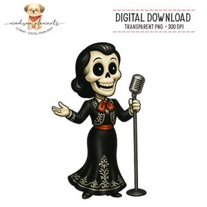 Catrina Singer digital nedladdning PNG, Day of the Dead-konst, Calavera-dam, Dia de los Muertos kvinnlig clipart, mexikansk skelett Mariachi png