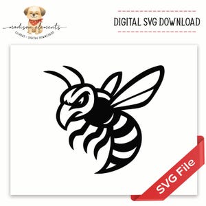 May include: Black and white illustration of an angry bee with detailed wings and striped abdomen. The image is labeled "DIGITAL SVG DOWNLOAD" and "SVG File". The design is a digital download from Madison Elements.
