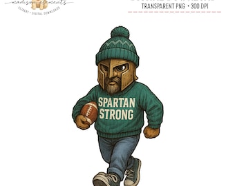 May include: Digital download illustration of a Spartan warrior holding a football. The warrior is wearing a green knit cap, a bronze helmet, and a green sweater with the words "Spartan Strong". He is also wearing blue jeans and sneakers.