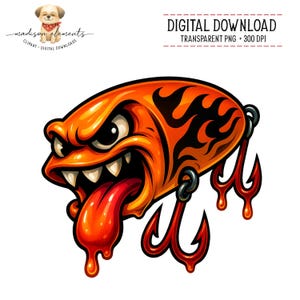 May include: An orange and black cartoon illustration of a fish-shaped lure with an angry expression, sharp teeth, and a long red tongue. The lure has black flame-like designs and red hooks. The words "DIGITAL DOWNLOAD" are at the top.