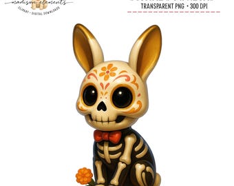 Le jour des morts lapin numérique PNG, Clipart lapin tête de mort en sucre, animal de compagnie Dia de los Muertos, lapin d'Halloween, mignon squelette Animal PNG
