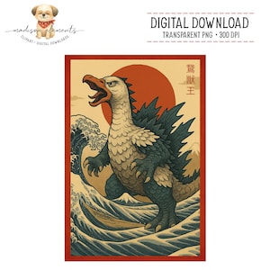 Puede incluir: Descarga digital de una ilustración de estilo vintage que presenta una criatura parecida a un pato con un diseño al estilo Godzilla, sobre un fondo de olas del océano y un sol naciente. La obra de arte está enmarcada en un borde rojo.