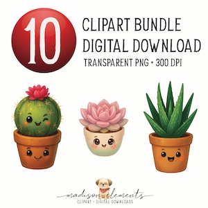 Puede incluir: Paquete de imágenes prediseñadas digitales con tres suculentas de dibujos animados en macetas de terracota con caras sonrientes. La imagen incluye un círculo rojo con el número 10 y el texto "CLIPART BUNDLE DIGITAL DOWNLOAD TRANSPARENT PNG + 300 DPI".