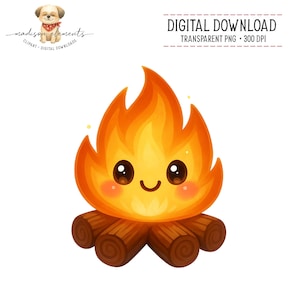 Puede incluir: Gráfico de descarga digital de una fogata de dibujos animados con una cara sonriente. Las llamas son naranjas y amarillas, con troncos marrones en la base. La imagen incluye el texto "DIGITAL DOWNLOAD" y "TRANSPARENT PNG + 300 DPI".