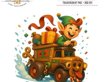 Elf in Toy Car PNG Digital PNG, Holiday Clipart, Christmas Elf Art, Christmas Digital Download, Festive Elf Image, Elf in Vehicle Design