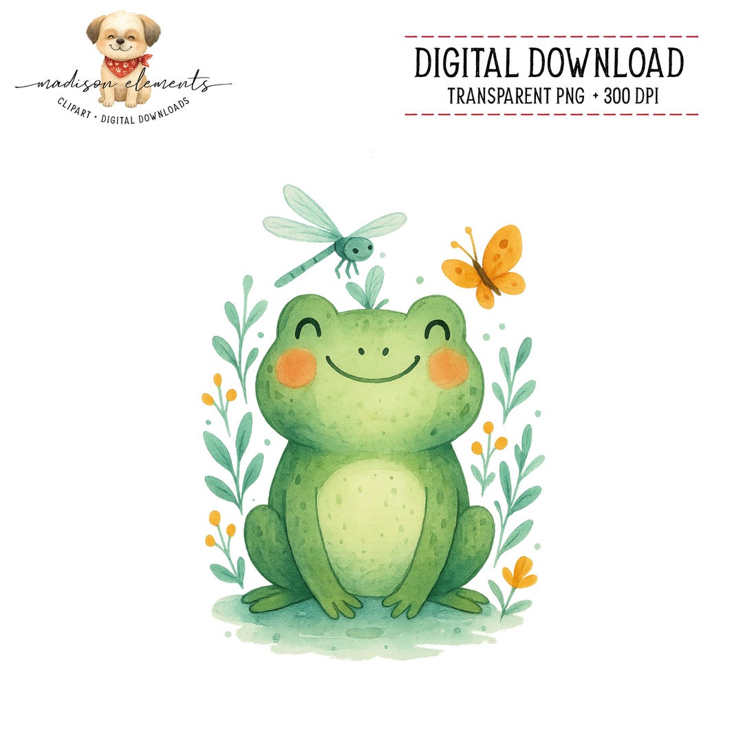 Cute Frog Digital Download PNG, Watercolor Frog Clipart, Kawaii Frog ...