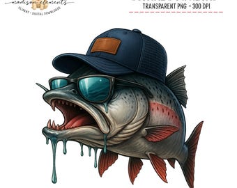 Cool Trout Digital PNG Download, Fishing Design, Fish in Sunglasses, Trout with Sunglasses and Cap, Funny Fish Design, Fisherman Gift