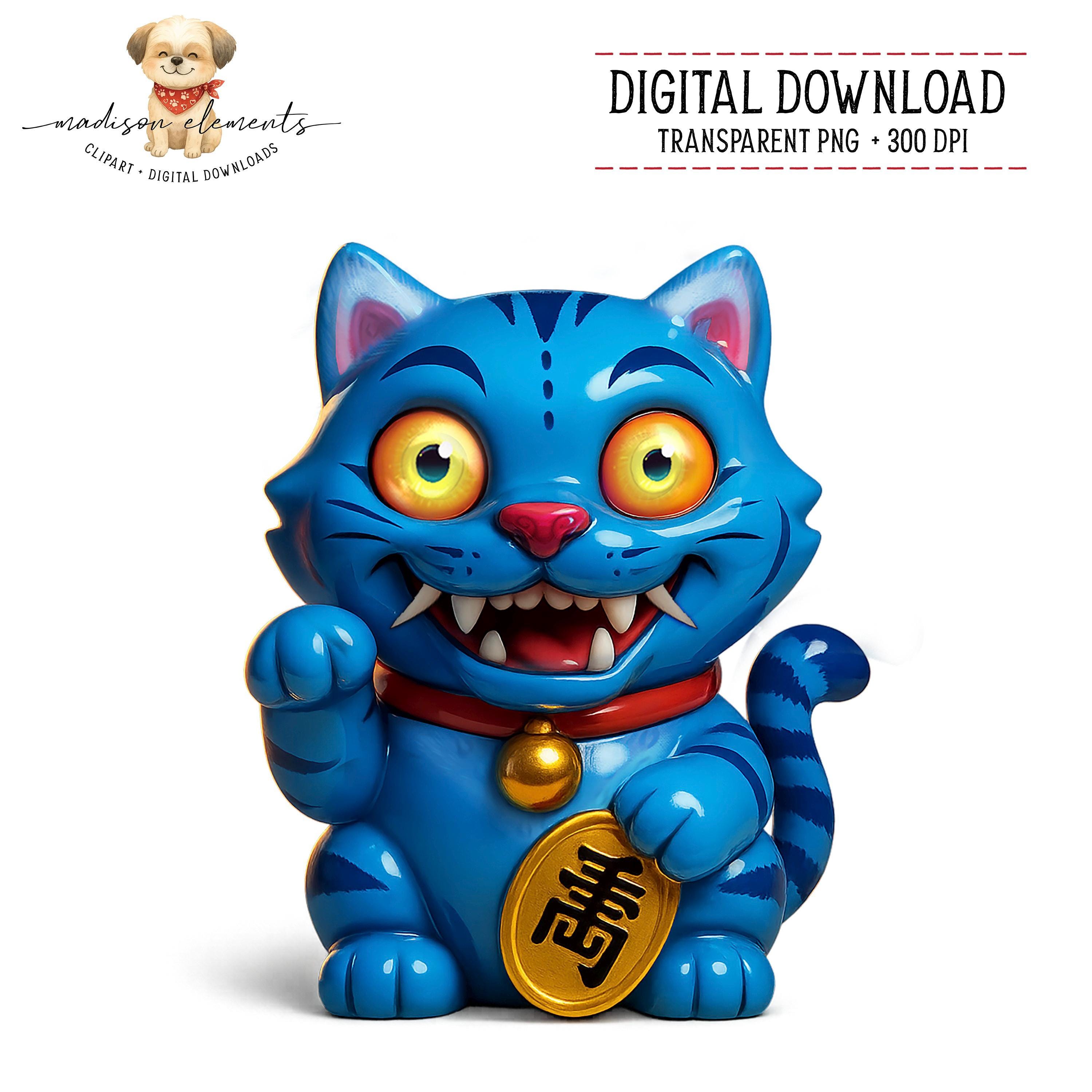 Derpy Tiger PNG, Blue Lucky Cat Digital PNG, Japanese Maneki Neko