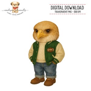 May include: A digital download illustration of an anthropomorphic eagle wearing a green and cream varsity jacket with a football patch, a white sweater, blue jeans, and brown shoes. The eagle has a yellow beak and is standing on a white background.
