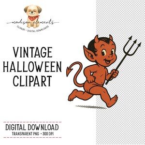 May include: Vintage Halloween clipart digital download featuring a cartoon devil running with a pitchfork. The devil is orange with black horns and a tail. The text "VINTAGE HALLOWEEN CLIPART" is displayed in black.