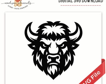 May include: Black and white bison head SVG file. The image shows a detailed illustration of a bison's head with prominent horns and a stern expression. The design is suitable for digital download and crafting projects.