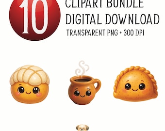 Kawaii Mexican Sweet Snack Digital PNG Bundle, Concha, Paleta, Empanada, Atole Graphics, Cute Food Digital Download