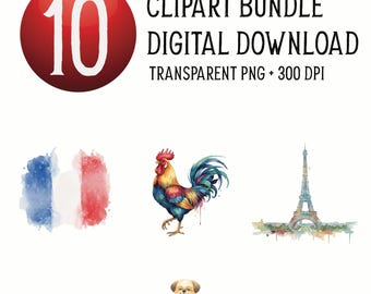 France Watercolor Elements Digital PNG Bundle, French Themed Party png, Eiffel Tower PNG, France Flag, Cultural Elements, French Croissant