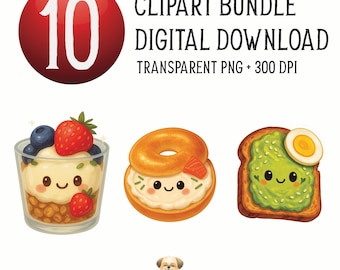 10 Cute Brunch Food Clipart Bundle, Kawaii Breakfast and Brunch PNG Set, Happy Avocado Toast, Bagel, Mimosa, Waffle, Latte Digital Download