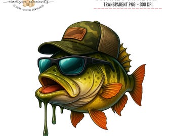 Funny Bass Fish Digital PNG Download, Cool Perch With Cap Sunglasses, Fishing Design, Fishing Lover Gift, Unique Fish with Drip