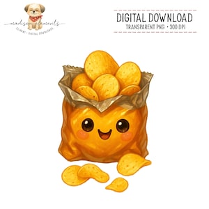 Può includere: Illustrazione digitale scaricabile di un sacchetto di patatine sorridente. La borsa è di colore giallo dorato con un volto allegro e grandi occhi scuri. La borsa è piena di patatine dorate, con alcune sparse alla base.