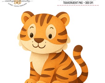 Imagen PNG digital de un adorable tigre, arte de animales de la selva, decoración infantil, temática de fiestas, clipart imprimible, diseño para álbumes de recortes
