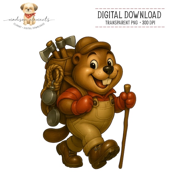 Cartoon Beaver Digital PNG, Lumberjack Beaver Art, Animal