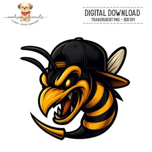 May include: A digital download graphic of a fierce, cartoon-style bee wearing a black baseball cap. The bee is yellow and black with an angry expression, showing its teeth. The image includes the text "DIGITAL DOWNLOAD" and "TRANSPARENT PNG • 300 DPI".