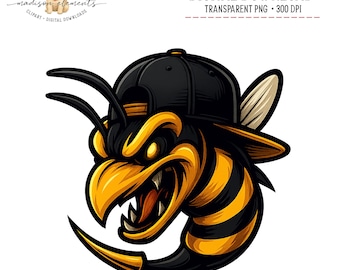 May include: A digital graphic of a cartoon bee with a black baseball cap, in a fierce pose. The bee is yellow and black with an angry expression. The image includes the text "DIGITAL DOWNLOAD" and "TRANSPARENT PNG • 300 DPI".