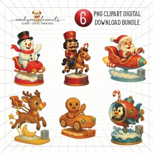 Puede incluir: Un paquete de descarga digital de seis imágenes prediseñadas PNG con temática navideña. Las imágenes incluyen un muñeco de nieve en un trineo, un cascanueces en un caballo, Papá Noel en un cohete, un reno con un trineo, un hombre de jengibre en un coche y un pingüino en un submarino.