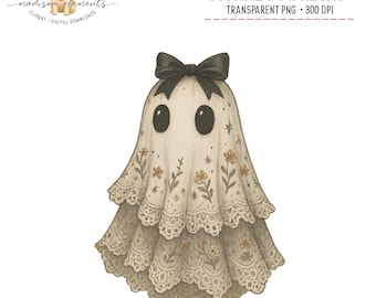 Cute Ghost PNG, Floral Ghost Digital Download, Spooky Season Clipart, Ghost with Coquette Bow PNG, Lace Ghost Art, Halloween Ghost Digital