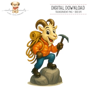 Puede incluir: Ilustración de dibujos animados de una cabra montesa con una chaqueta naranja, pantalones azules y botas negras, que lleva una cuerda amarilla y sostiene un piolet. La cabra está de pie sobre una roca gris. El texto de la imagen dice "DESCARGA DIGITAL" y "PNG TRANSPARENTE + 300 DPI".