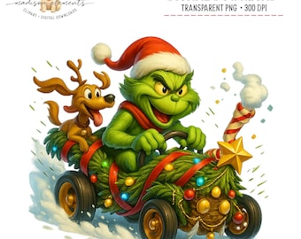 Green Christmas Monster png, Festive Curmudgeon Digital Download, Holiday Hot Rod Car png, Soapbox Derby car design, Santa Helper png