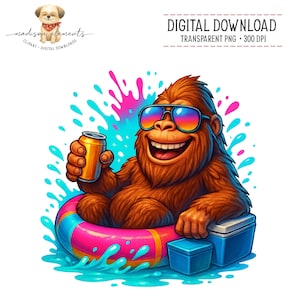 May include: Digital download graphic of a cartoon Bigfoot wearing sunglasses and floating in a pool on a pink and blue inner tube. The Bigfoot is holding a can of soda and smiling. The image includes the text "DIGITAL DOWNLOAD" and "TRANSPARENT PNG + 300 DPI".