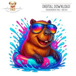 May include: A colourful digital illustration of a capybara wearing sunglasses and floating in a vibrant inner tube. The capybara is surrounded by splashes of blue and pink water. The image includes the text "DIGITAL DOWNLOAD" and "TRANSPARENT PNG + 300 DPI".