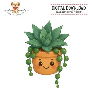 May include: A digital illustration of a smiling succulent plant in a terracotta pot. The plant has green leaves and cascading green string of pearls. The pot has a smiling face with rosy cheeks. Text at the top says "DIGITAL DOWNLOAD".
