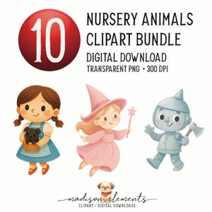 Puede incluir: Un paquete de imágenes prediseñadas digitales con ilustraciones de animales y personajes de guardería. La imagen incluye un círculo rojo con el número 10, una niña sosteniendo un cachorro, un hada con una varita y un hombre de hojalata con un hacha. El texto dice "Nursery Animals Clipart Bundle".