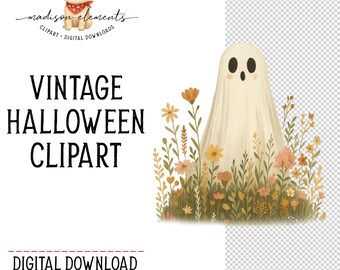 Söt spöke digital nedladdning Png, blommig spöke clipart, boho spöke sublimeringsdesign, ängsblommor illustration, kuslig säsong