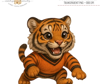 Cute Tiger Cub Mascot Digital PNG download, Baby Animal Clipart, Cartoon Tiger Graphics, Nursery Art, Baby Shower Decor, Adorable Tiger Art