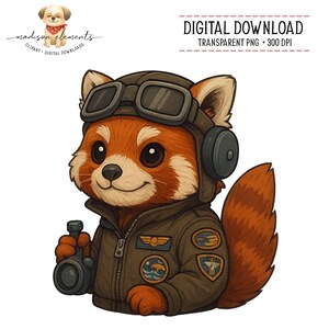 May include: Digital download of a cartoon red panda wearing a brown aviator helmet with goggles and a matching jacket. The red panda is holding a pair of binoculars and has patches on the jacket. The image has the text "DIGITAL DOWNLOAD" at the top.