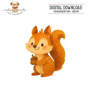 May include: A watercolour illustration of a cartoon squirrel in shades of orange and tan, holding an acorn. The squirrel has a fluffy tail and a smiling face. Text at the top reads "DIGITAL DOWNLOAD TRANSPARENT PNG • 300 DPI".